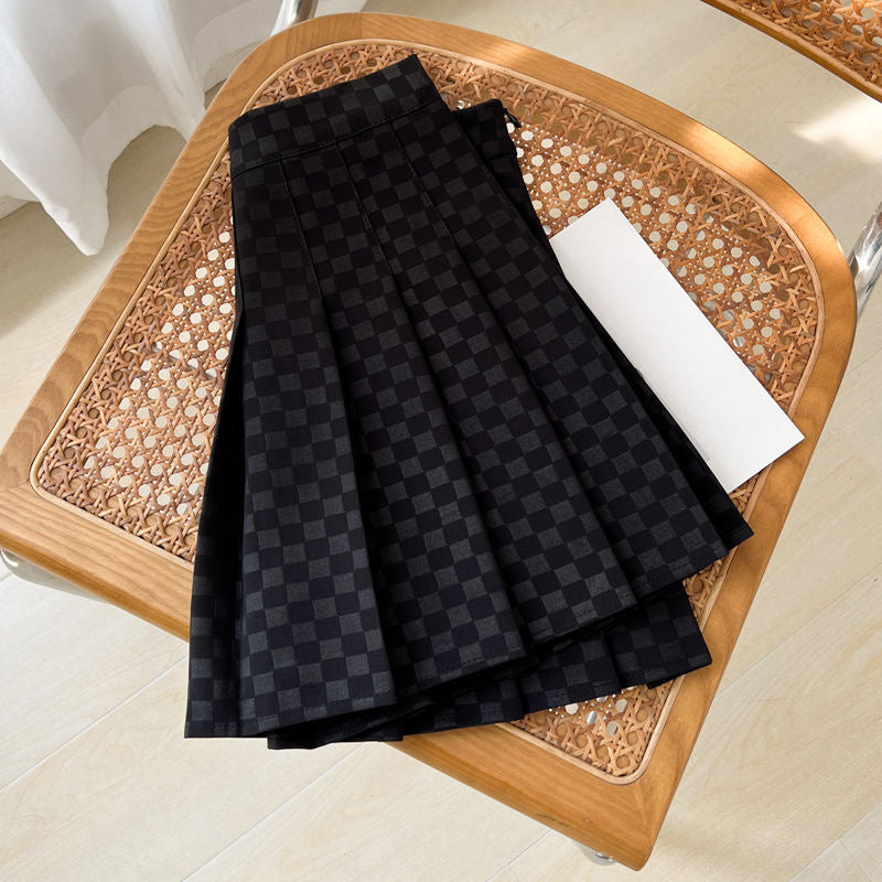 High-Waist Checkerboard Pleated Skirt