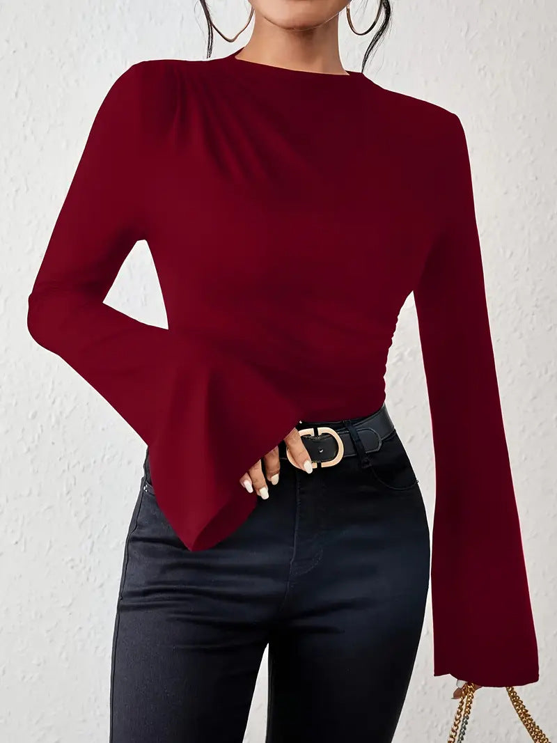 Women’s Autumn Solid Slim Pleated Long Sleeve Top