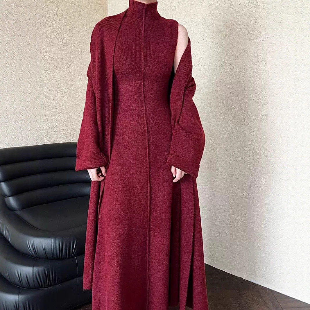 Lazy Style Knit Cardigan & Turtleneck Dress Two-Piece Set