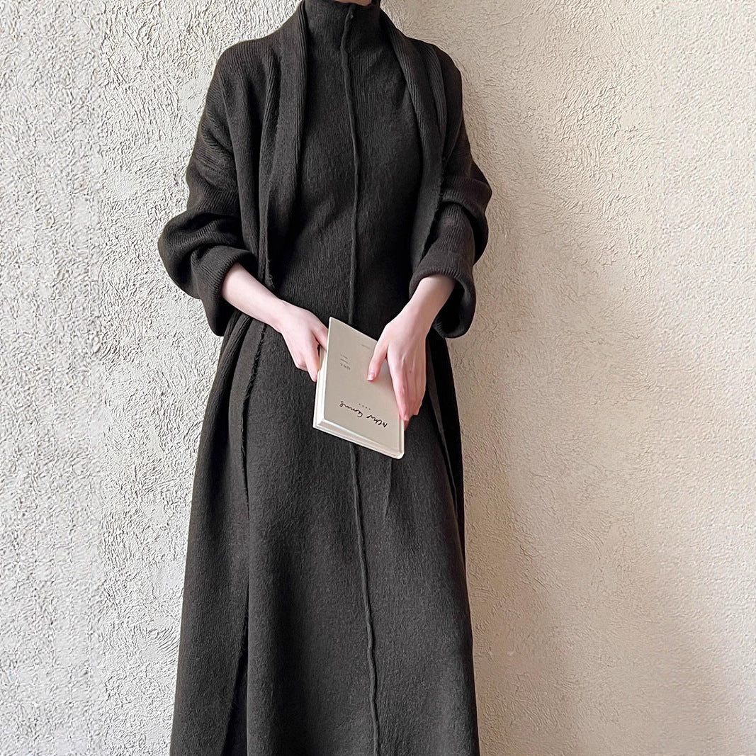 Lazy Style Knit Cardigan & Turtleneck Dress Two-Piece Set