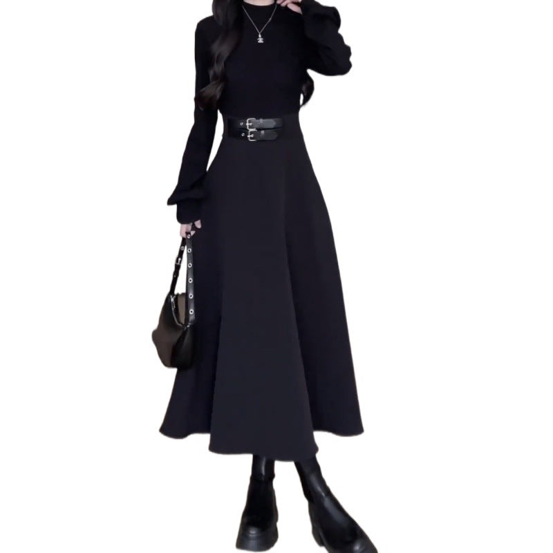 Hepburn Style Long-Sleeve Black High Neck Dress