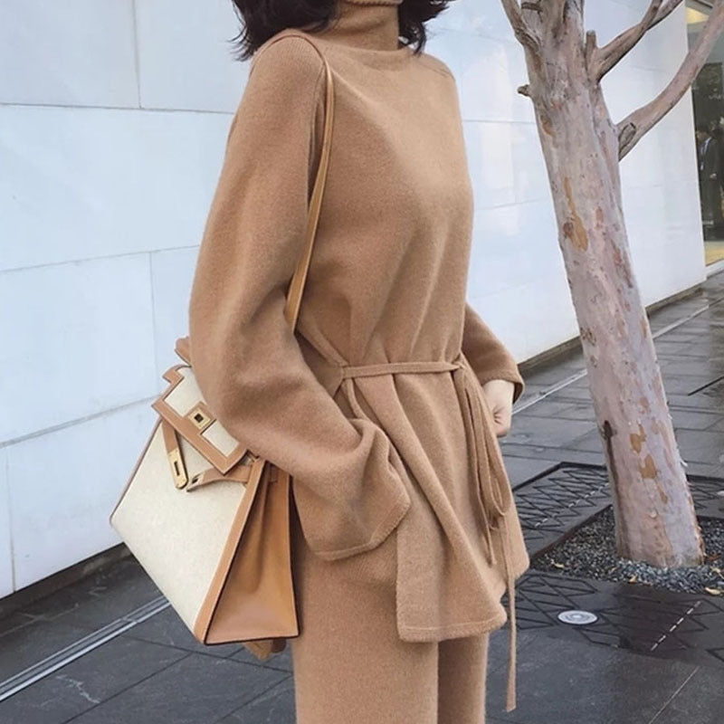 Fall/Winter Solid Knit Two-Piece Set Lace-Up Sweater & Wide-Leg Pants